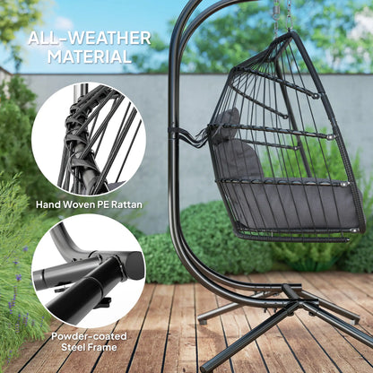 Double Wicker Egg Swing Chair, Foldable with Stand, UV Resistant Cushion, Headrest, Dark Grey Patio Swings with Stand at Gallery Canada