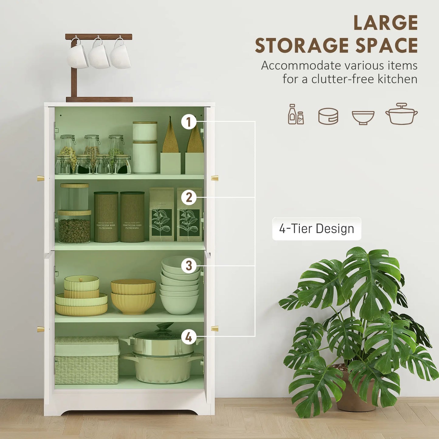 43" Kitchen Pantry Cabinet, Freestanding, 4 Arched Doors, 2 Adjustable Shelves, White Kitchen Pantry Cabinets at Gallery Canada