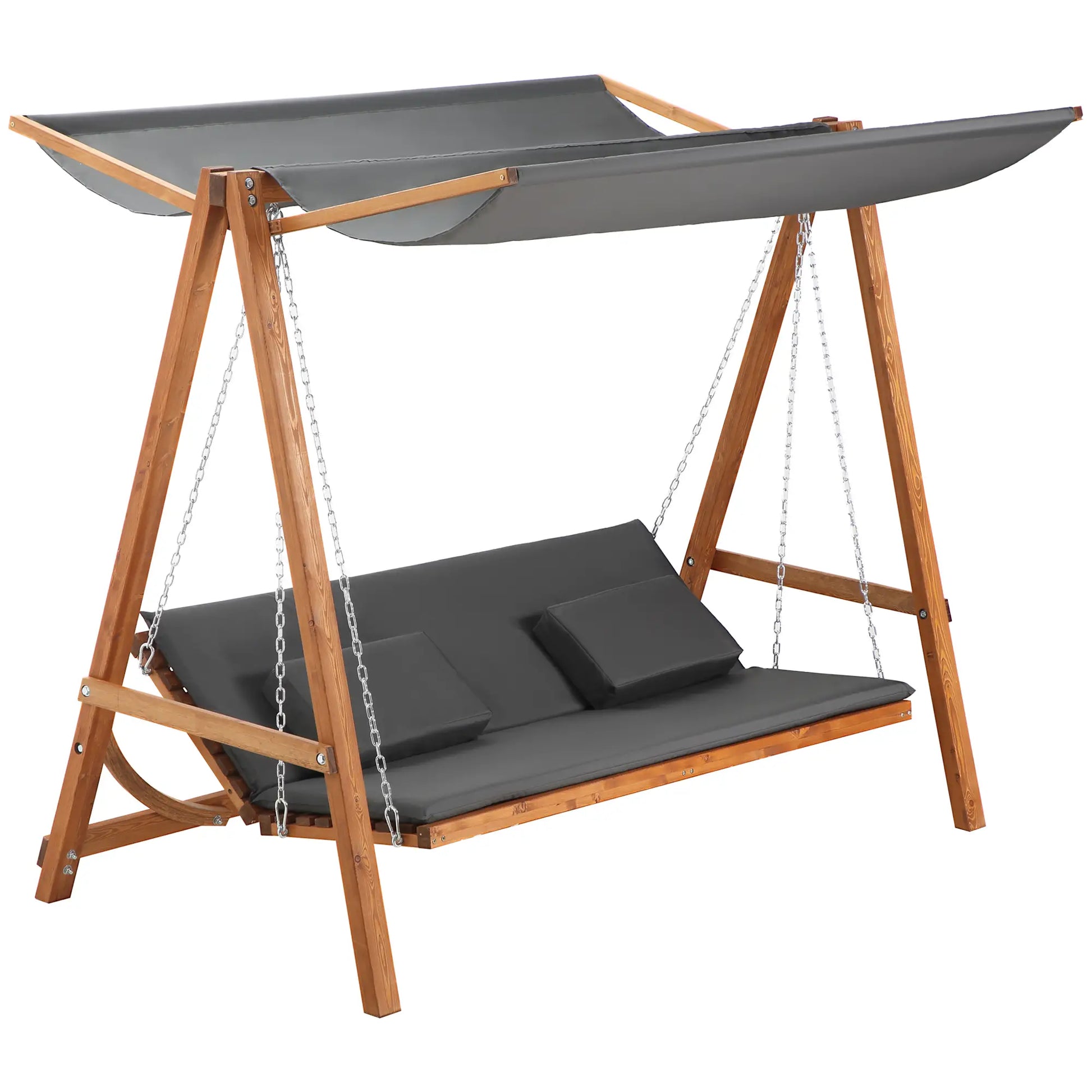 3 Seater Patio Swing Chair, Convertible Cushioned Porch Swing Bed with Canopy, Wood Frame Patio Swings with Stand Teak, Grey at Gallery Canada