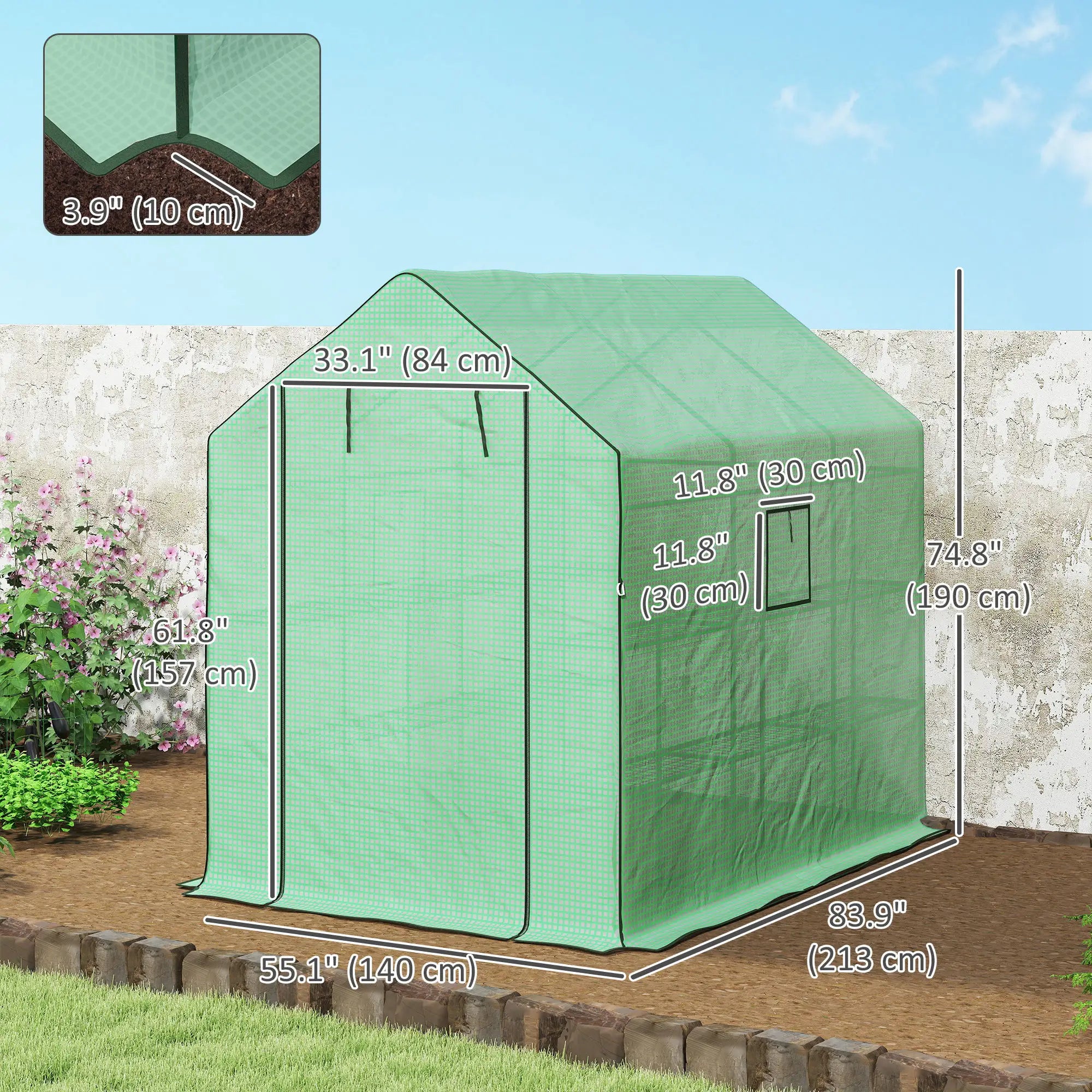 Walk-in Greenhouse, 3 Tier, Roll-up Door, Mesh Windows, 140 x 213 x 190 cm, Green Walk In Greenhouses at Gallery Canada