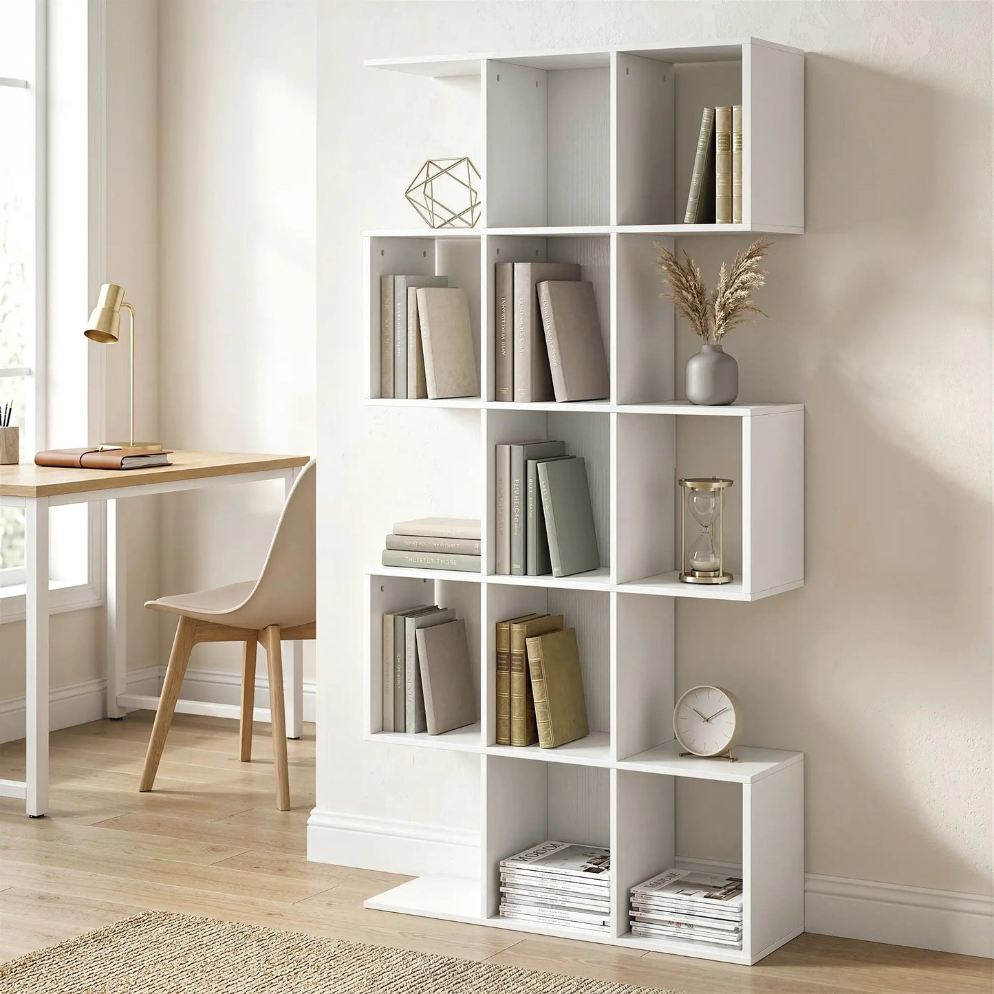 S-Shaped 5-Tier Bookshelf, 15 Compartments, White Wood Grain, White Display Bookshelves at Gallery Canada