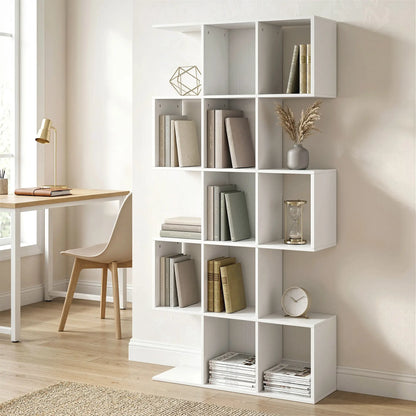 S-Shaped 5-Tier Bookshelf, 15 Compartments, White Wood Grain, White Display Bookshelves at Gallery Canada