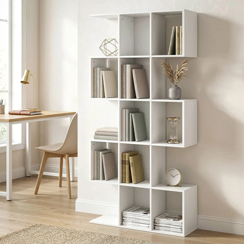 S-Shaped 5-Tier Bookshelf, 15 Compartments, White Wood Grain, White