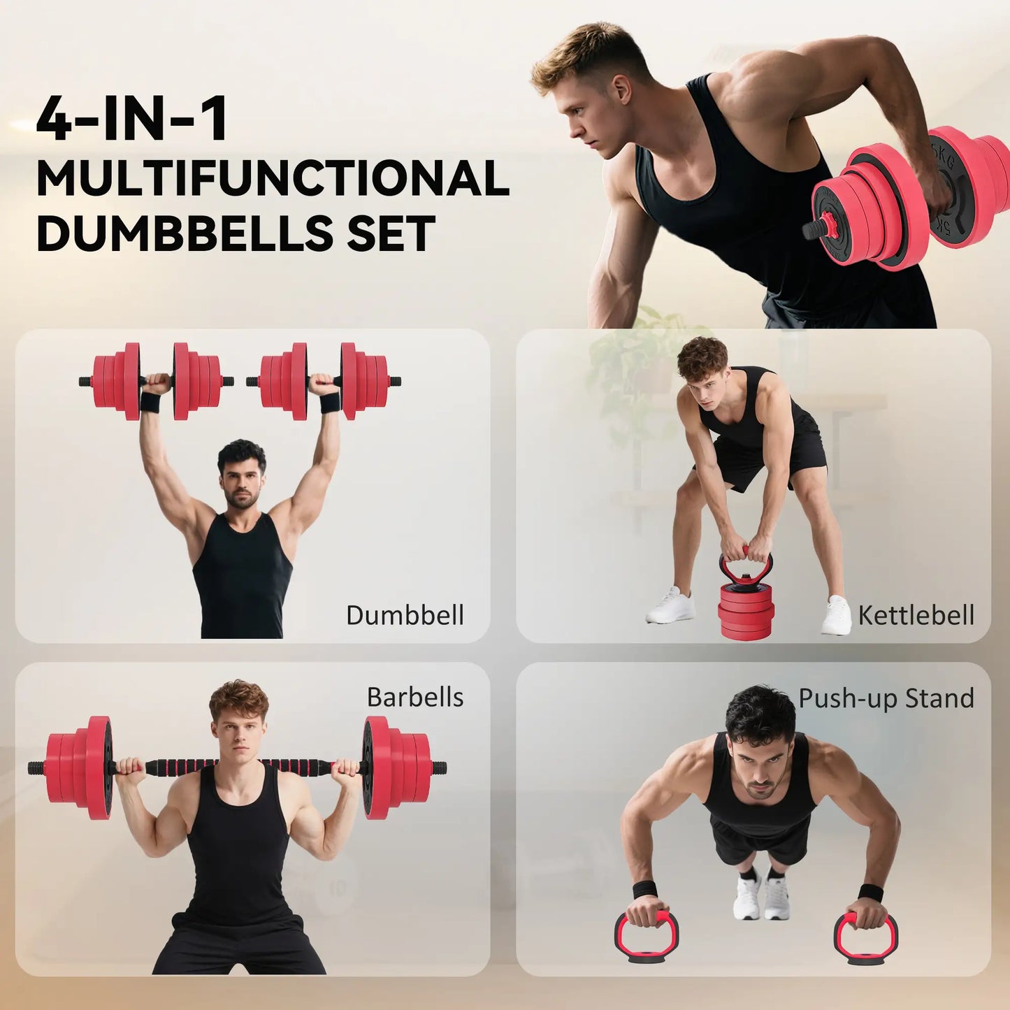 88lbs 4-in-1 Adjustable Dumbbell Set, Barbell, Kettlebell, Push Up Stand, Red Dumbbells & Barbells at Gallery Canada