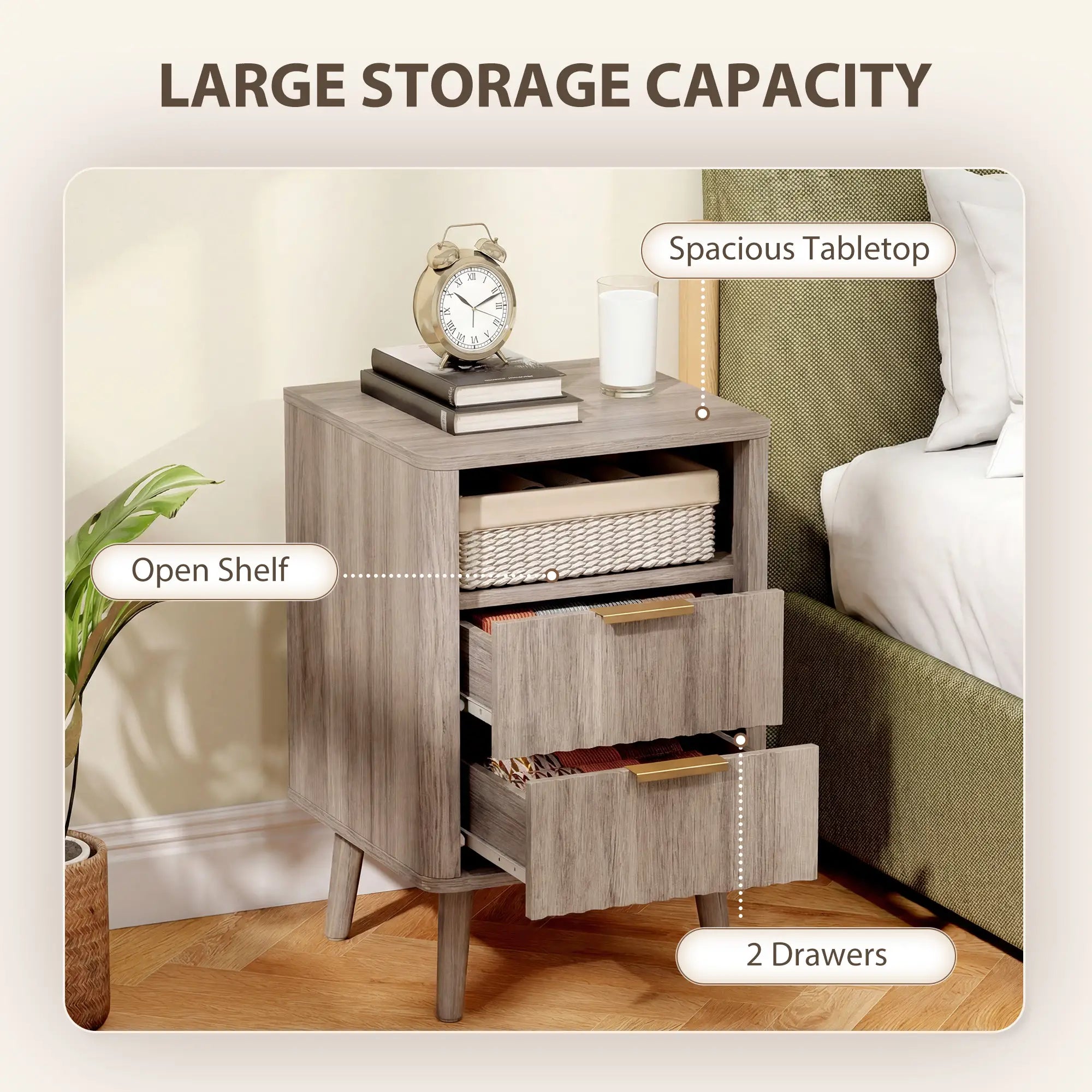 Modern Nightstands Set of 2, Charging Station, 2 Drawers, Open Shelf, Grey Bedside Tables at Gallery Canada