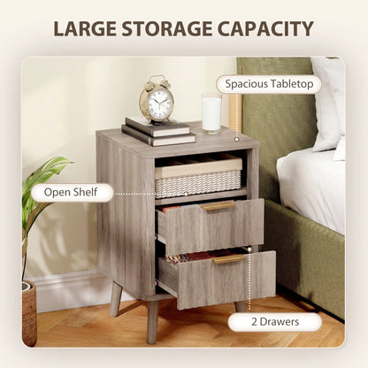 Modern Nightstands Set of 2, Charging Station, 2 Drawers, Open Shelf, Grey Bedside Tables at Gallery Canada