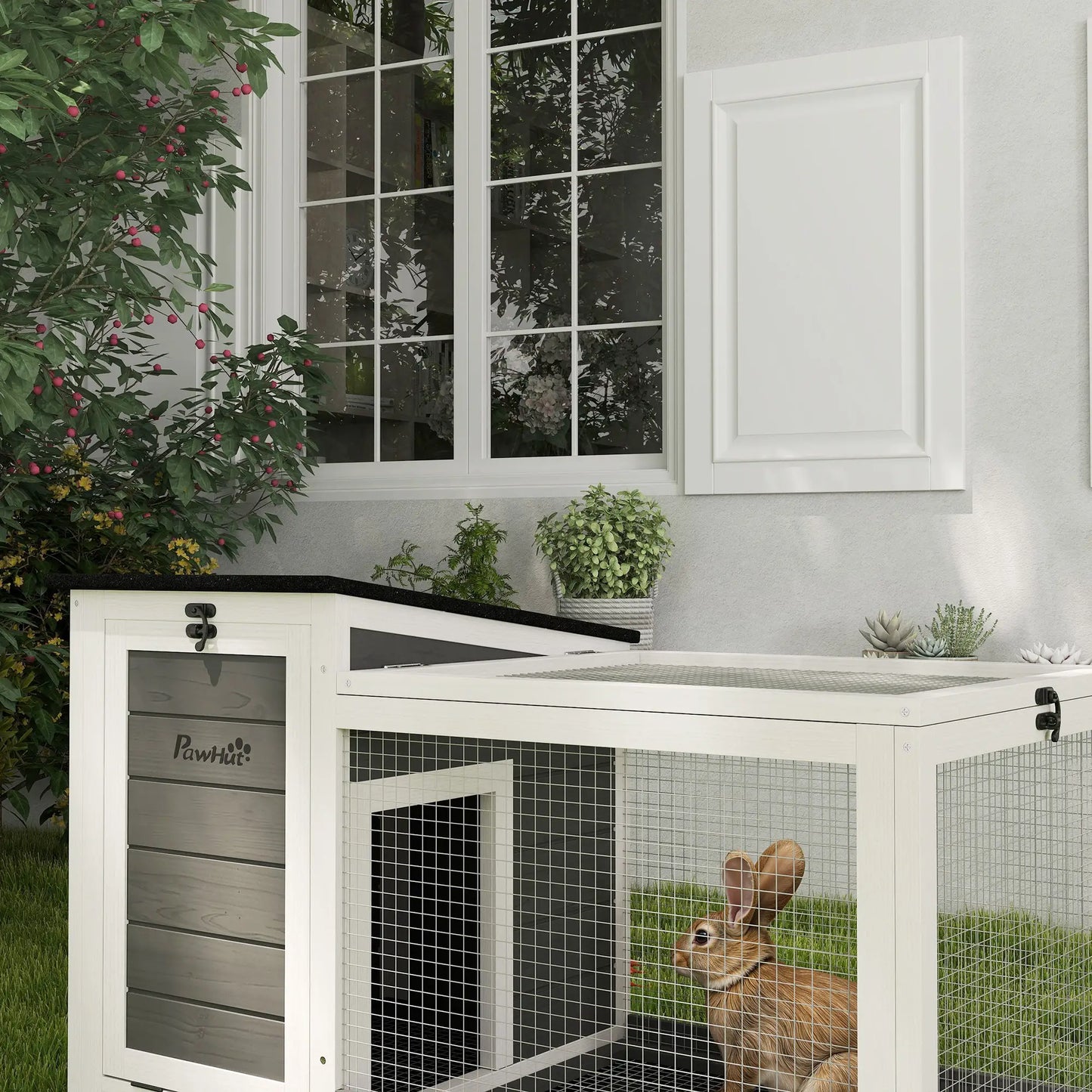 Wooden Rabbit Hutch, Pull-Out Tray, Openable Roof, Small Animal Cage on Wheels, Grey Rabbit Hutch at Gallery Canada
