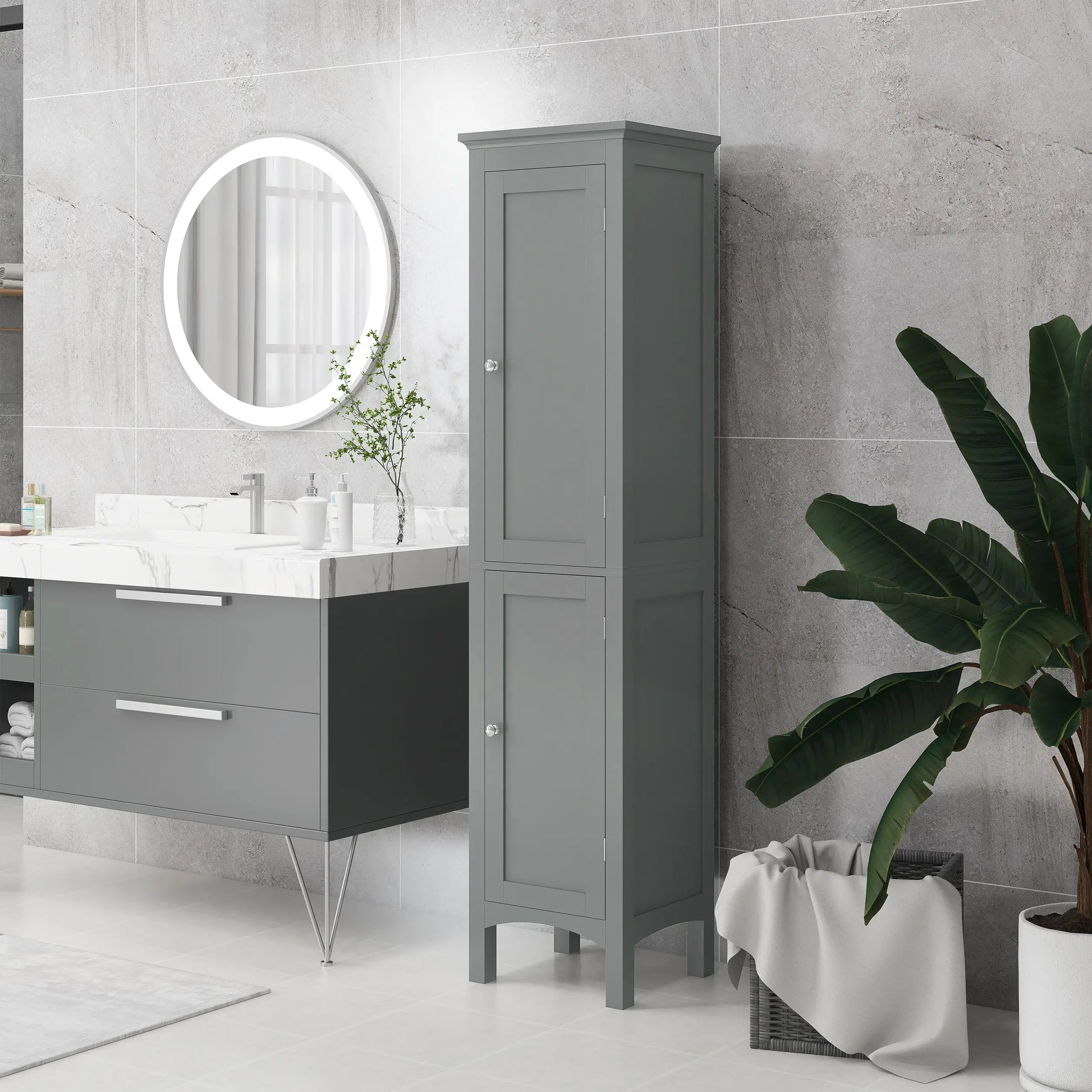 Tall Bathroom Cabinet, Freestanding Storage, Adjustable Shelves, 15" x 13" x 63", Grey Bathroom Cabinets at Gallery Canada