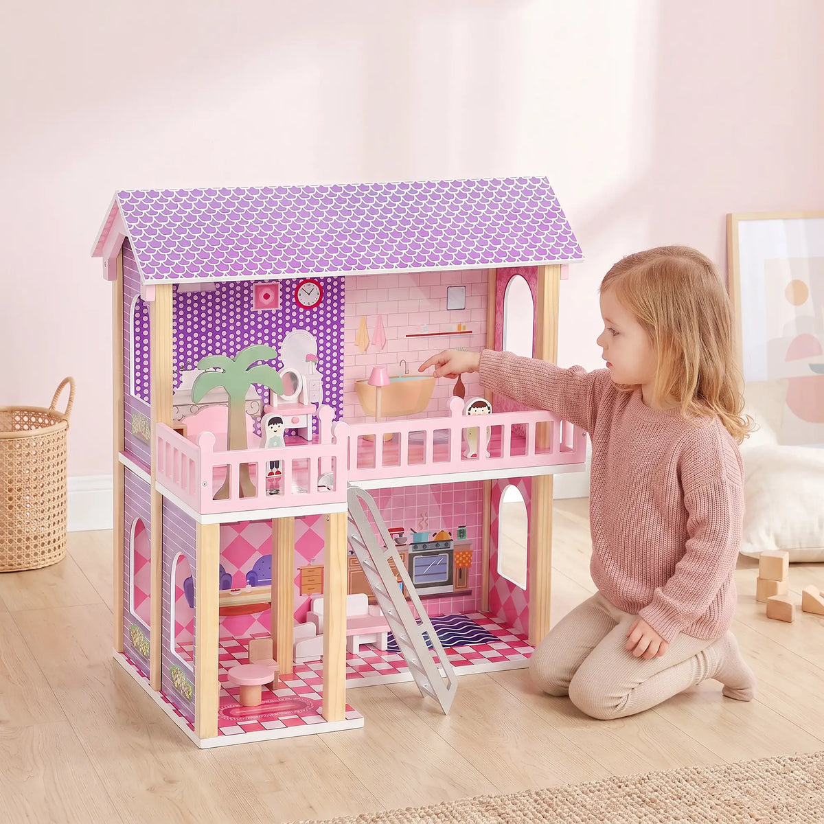 Qaba Wooden Doll House for Girls with 5 Rooms, Dolls, Furniture, DIY Pretend Dollhouse Playset, Gift for Kids Ages 3-6, Pink Play Houses at Gallery Canada