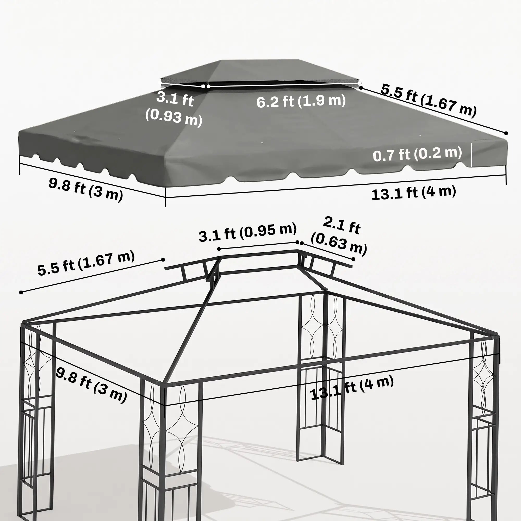 13' x 10' Gazebo Replacement Canopy, Double Vented Roof, Grey Gazebo Canopy Replacement at Gallery Canada