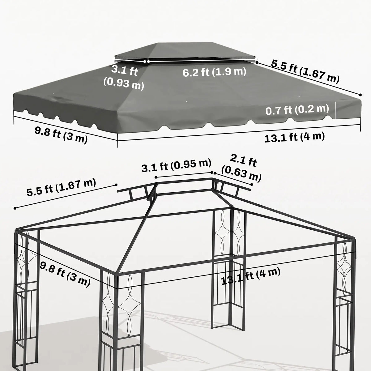 13' x 10' Gazebo Replacement Canopy, Double Vented Roof, Grey Gazebo Canopy Replacement at Gallery Canada