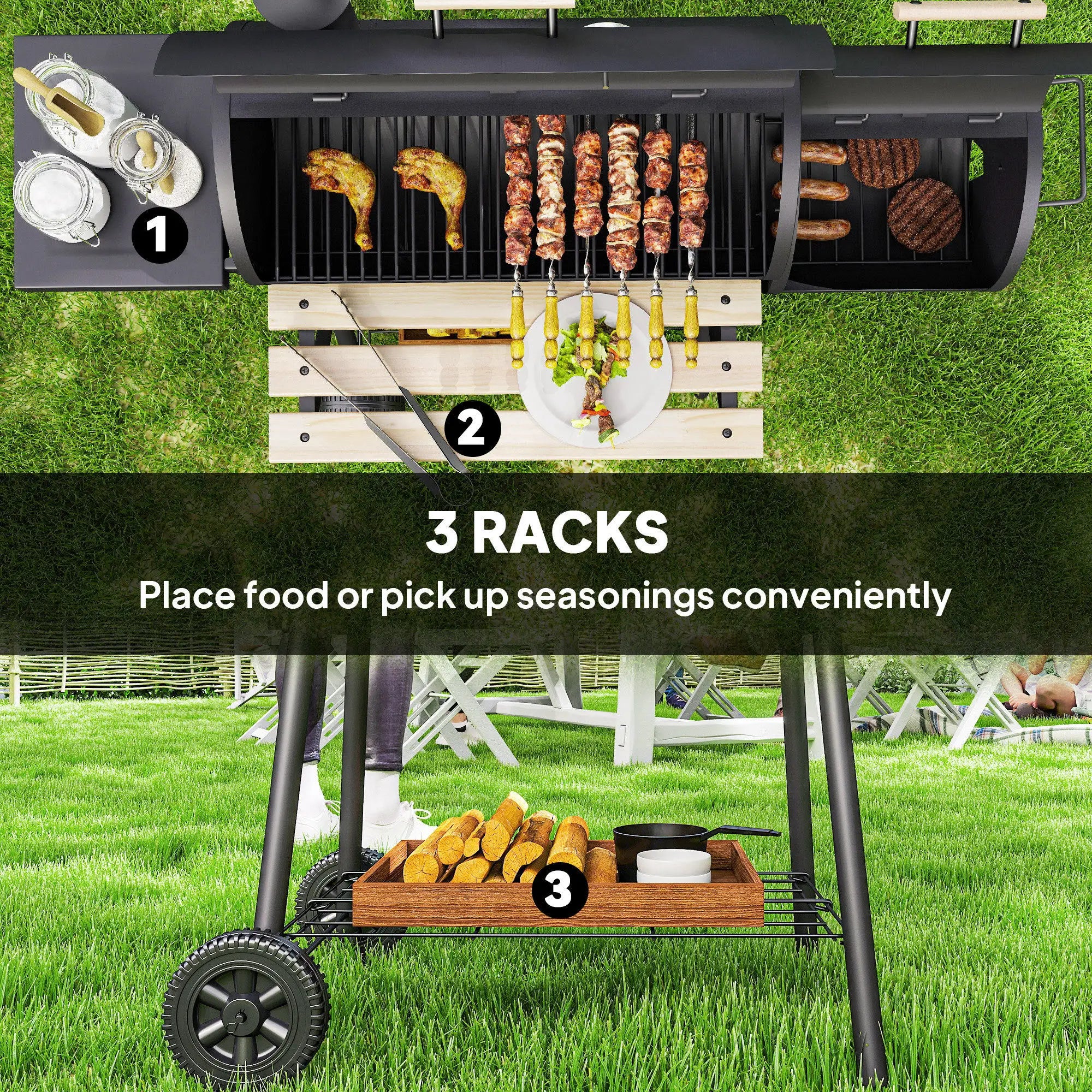 Charcoal BBQ Grill With Offset Smoker, 124 x 53 x 104 cm, Black Charcoal BBQ Grils at Gallery Canada