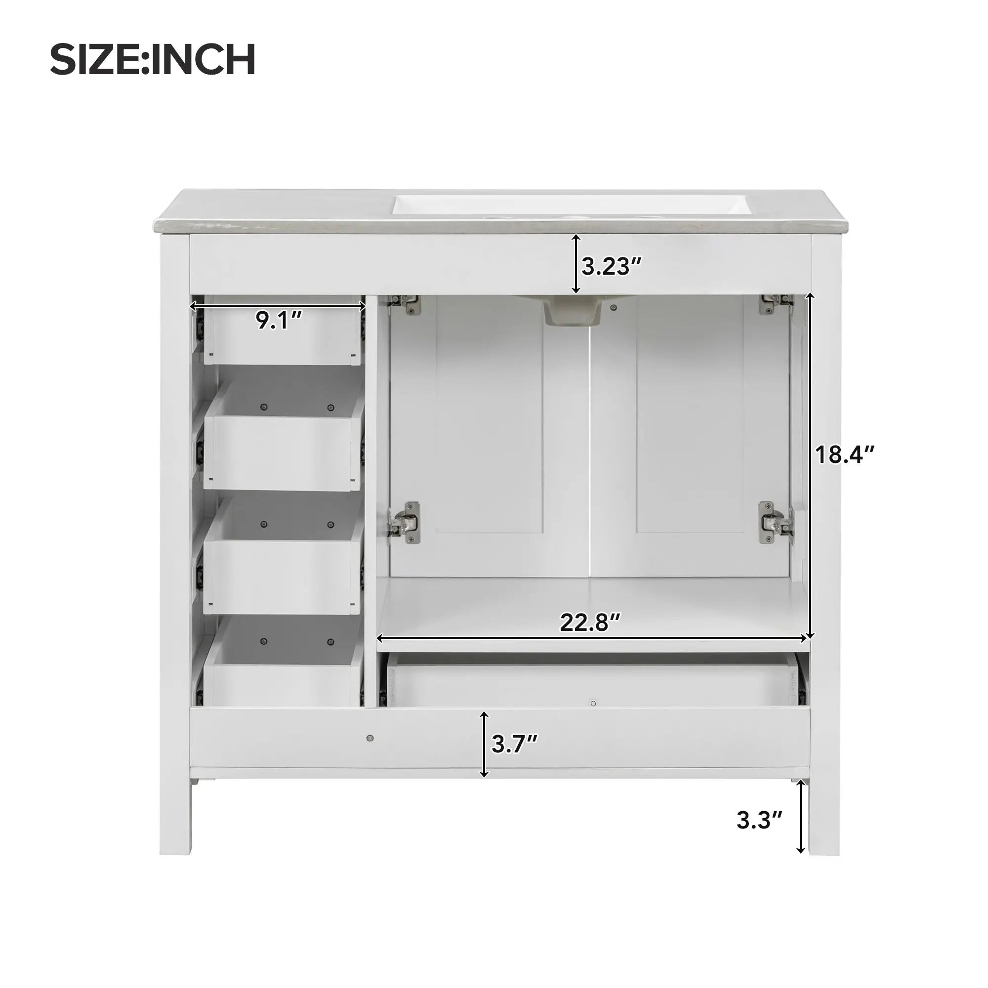 Bathroom Vanity, Ceramic Sink, 2 Soft Close Doors, 5 Drawers, 36
