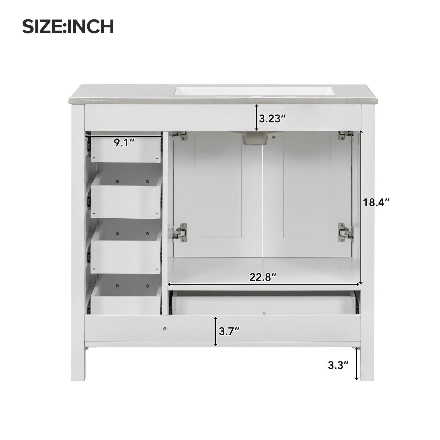 Bathroom Vanity, Ceramic Sink, 2 Soft Close Doors, 5 Drawers, 36" L x 18" W x 34" H, White Sink Cabinets at Gallery Canada