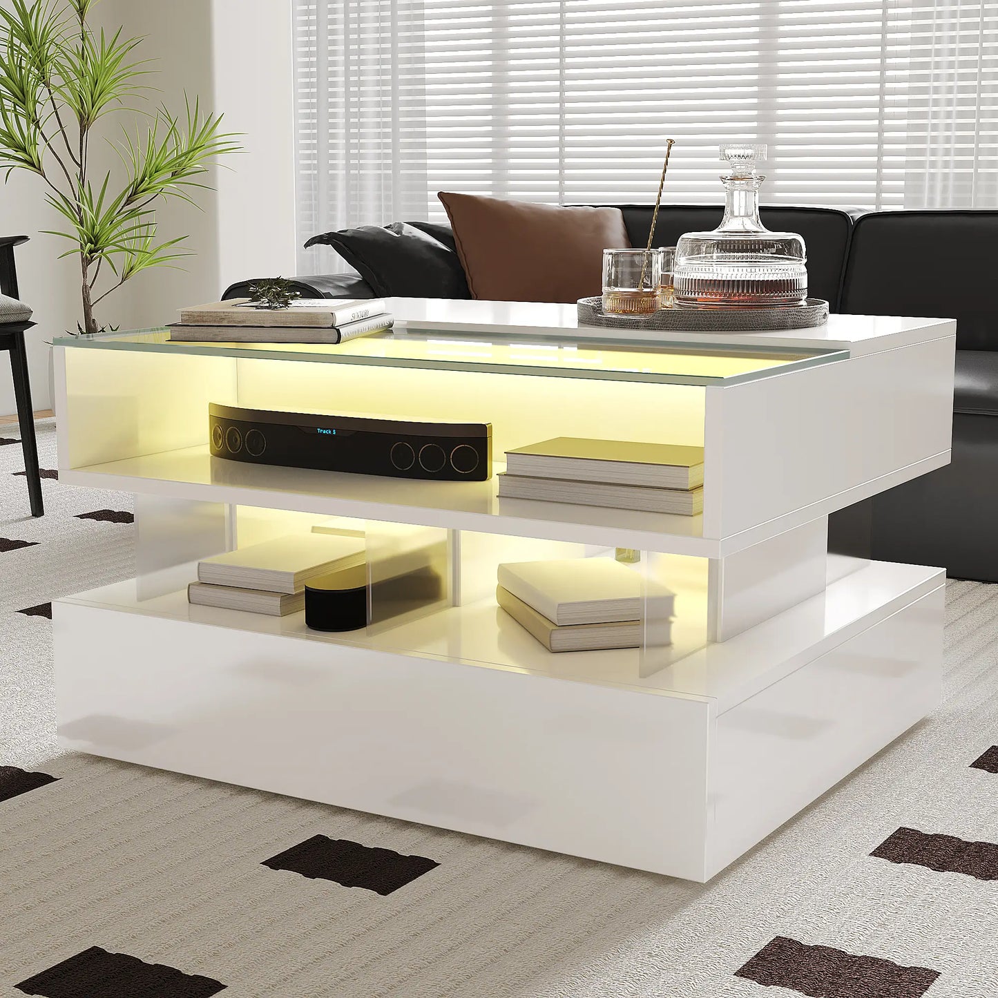 Glass Top LED Coffee Table, Storage Drawer, Adjustable Height, 26" L x 21.5" W x 21.5" H, White Coffee Tables at Gallery Canada