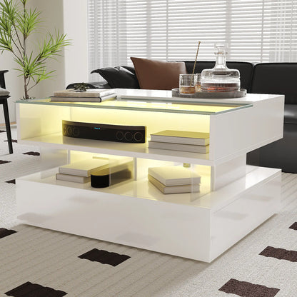 Glass Top LED Coffee Table, Storage Drawer, Adjustable Height, 26" L x 21.5" W x 21.5" H, White Coffee Tables at Gallery Canada