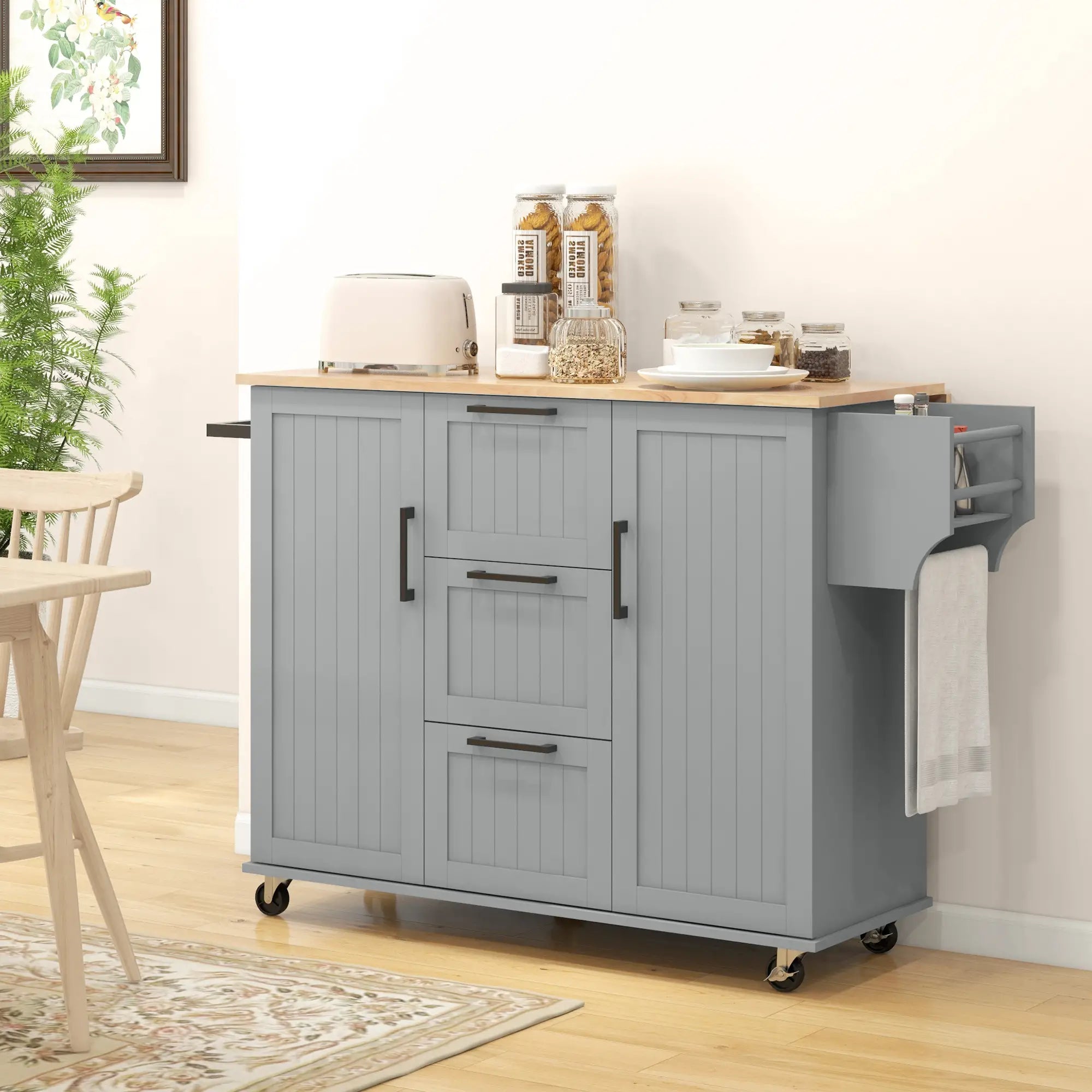 Rolling Kitchen Cart with Drop Leaf, 3 Drawers, Solid Wood Top, Towel Rack, Grey Kitchen Islands & Kitchen Carts at Gallery Canada
