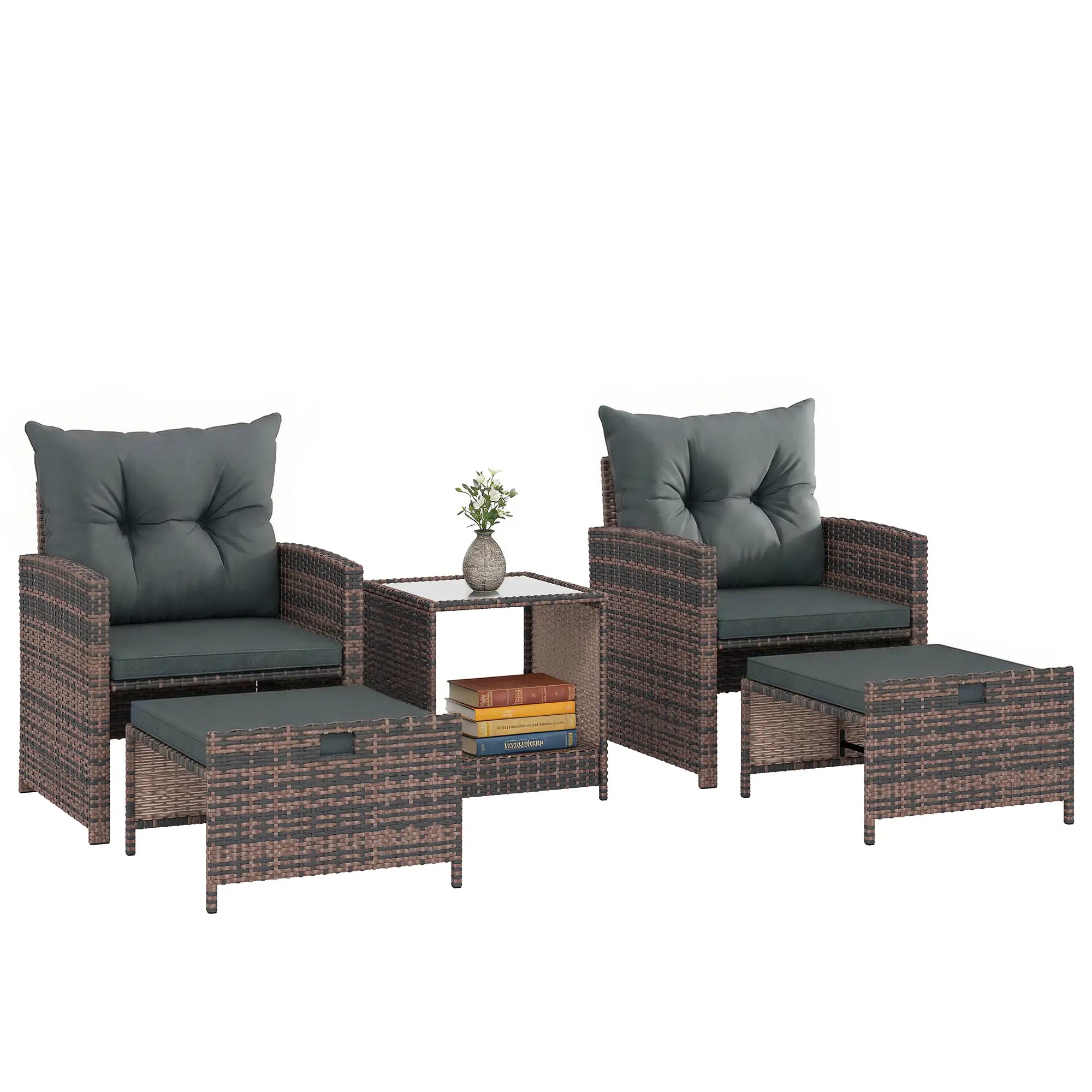 5 Piece Patio Furniture Set, Wicker Chairs, 2-Tier Glass Table, Brown/Dark Grey Patio Furniture Sets at Gallery Canada