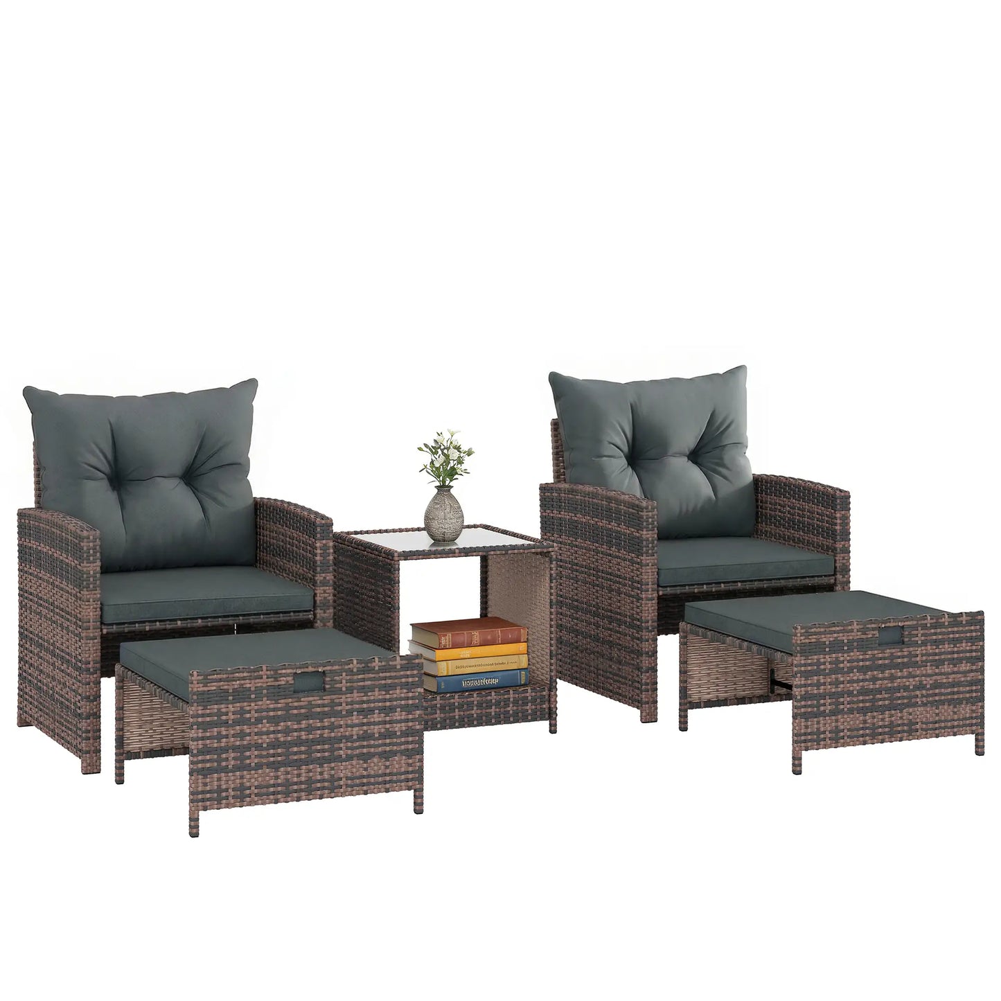 5 Piece Patio Furniture Set, Wicker Chairs, 2-Tier Glass Table, Brown/Dark Grey Patio Furniture Sets at Gallery Canada