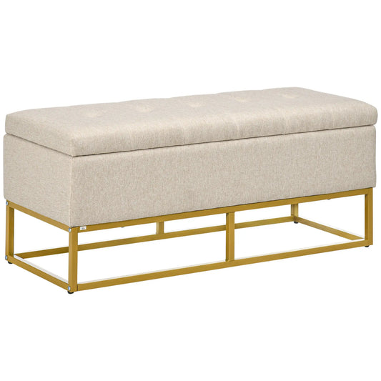 Storage Ottoman, Flip Top Upholstered Bench, Linen Fabric, Steel Legs, Beige Storage Ottomans & Benches Beige at Gallery Canada