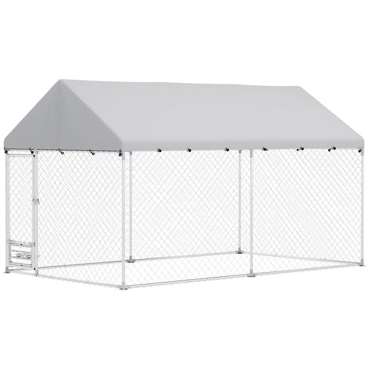 Outdoor Dog Run, Adjustable Bowls, Waterproof Cover, Escape-Proof Lock, 13.1' x 7.5' x 7.5' Houses, Kennels & Pens Silver at Gallery Canada