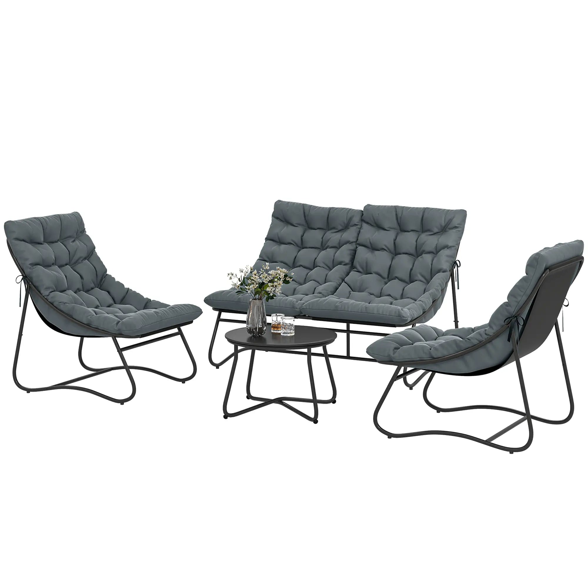 4 Piece Patio Furniture Set, Loveseat, Chairs, Round Metal Table, Cushions, Grey Patio Furniture Sets Grey, Black at Gallery Canada