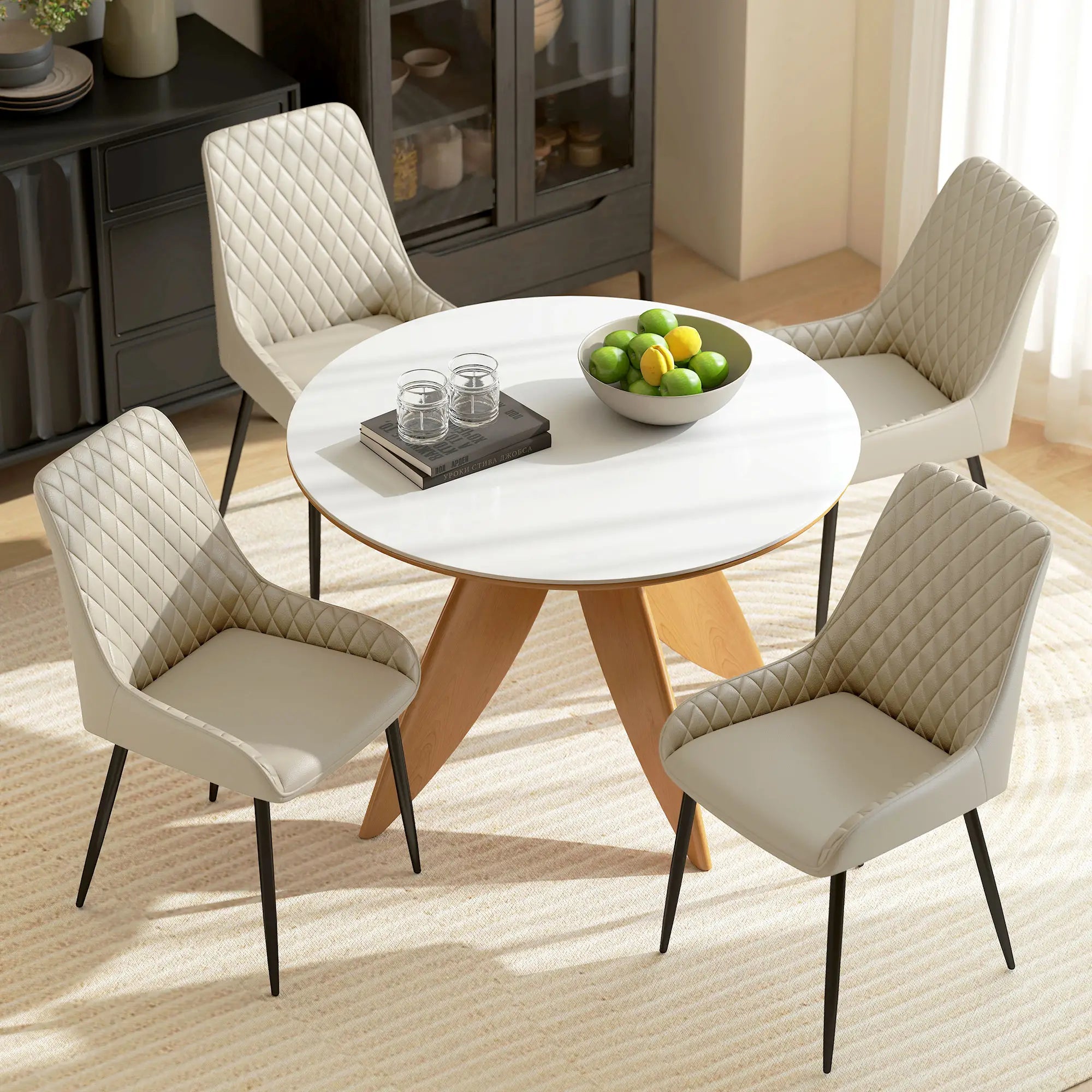Upholstered Kitchen Chairs Set of 4, Diamond Tufting, Steel Legs, Khaki Dining Chairs at Gallery Canada