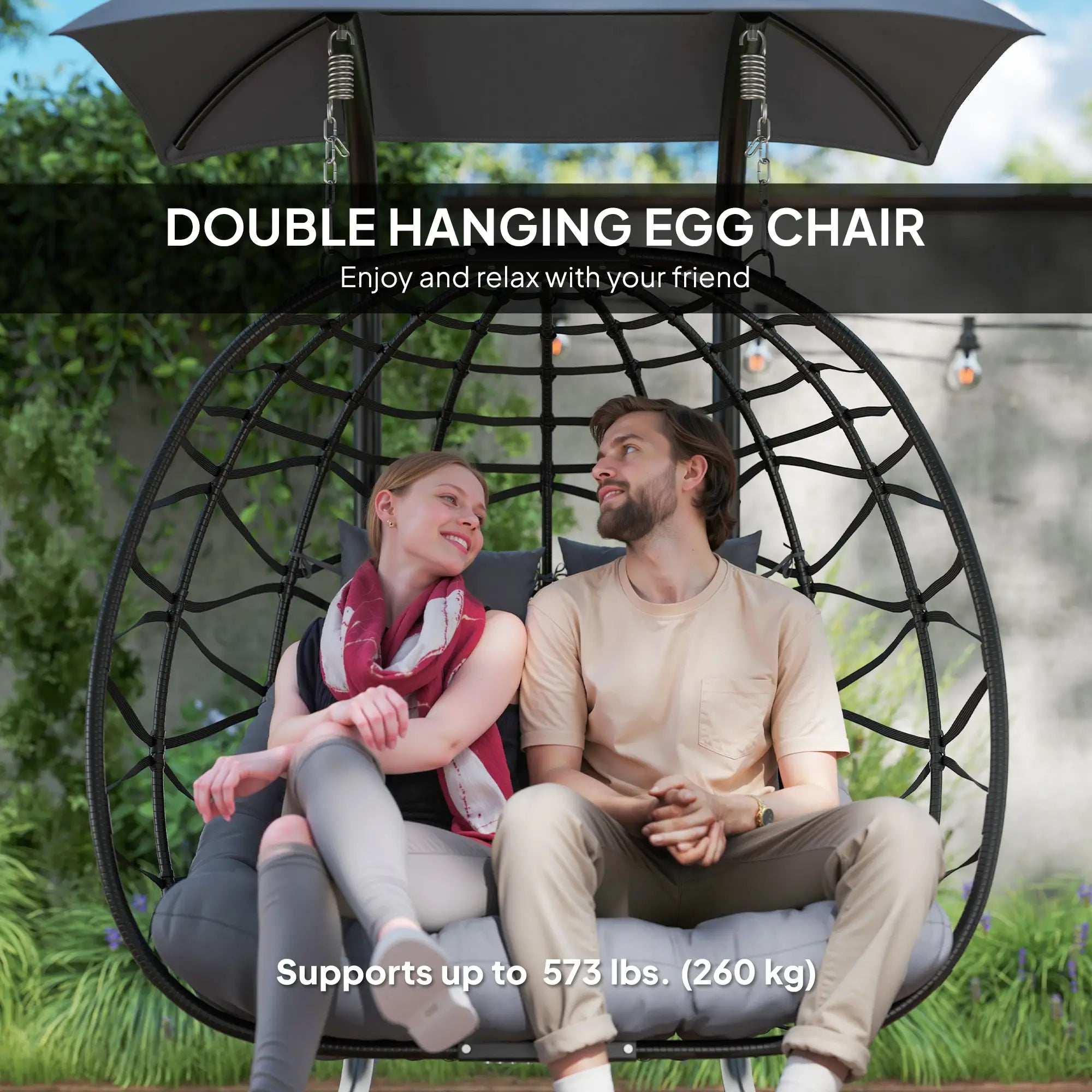 Double Wicker Egg Swing Chair, Foldable with Stand, Black Patio Swings with Stand at Gallery Canada