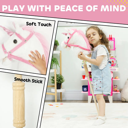 Unicorn Stick Horse, Plush with Wood Wheels, Neighing Sounds, White Rocking Horses at Gallery Canada