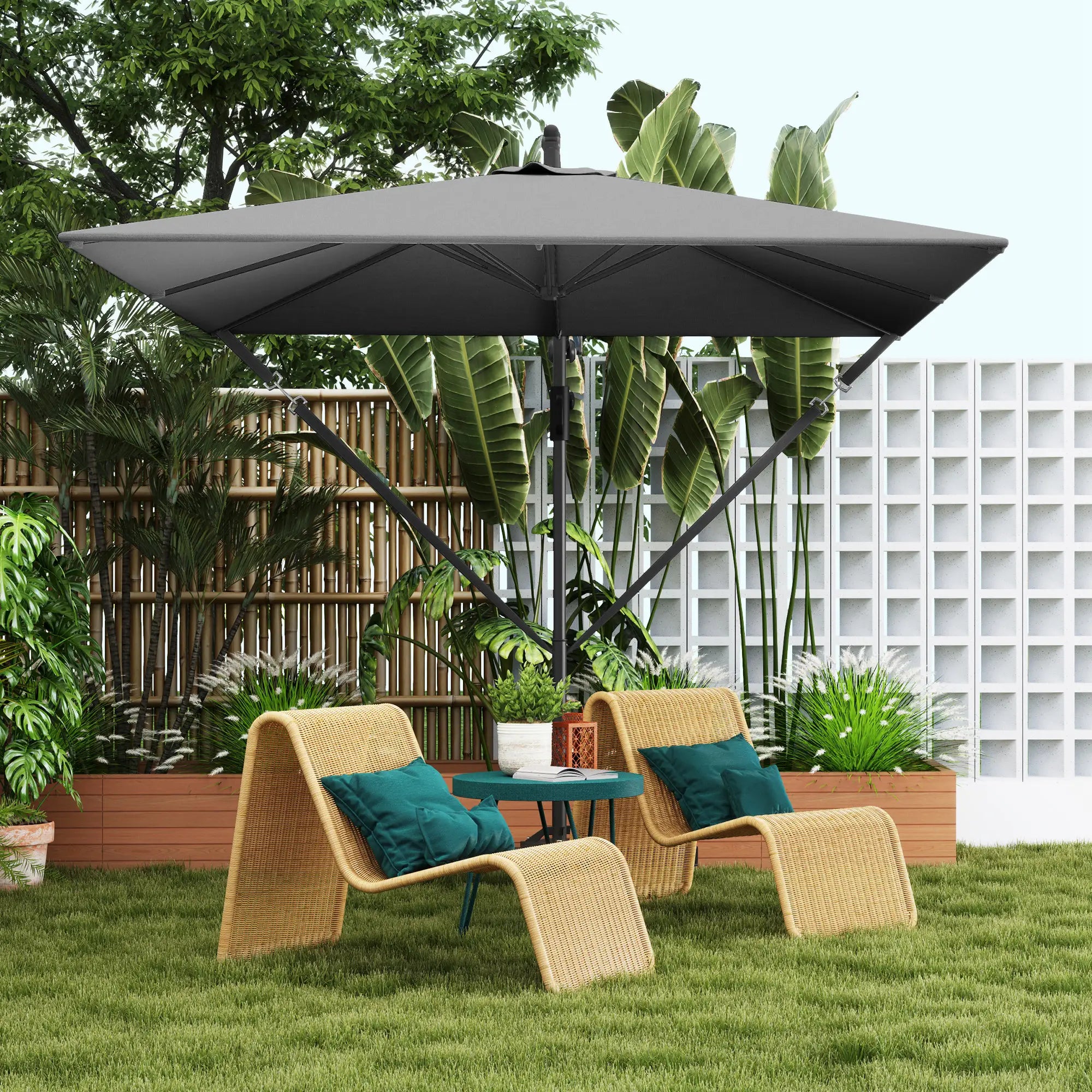 Patio Offset Umbrella, Crank Parasol With Base, Cover, Wind Securing, Khaki Offset Cantilever Umbrellas at Gallery Canada
