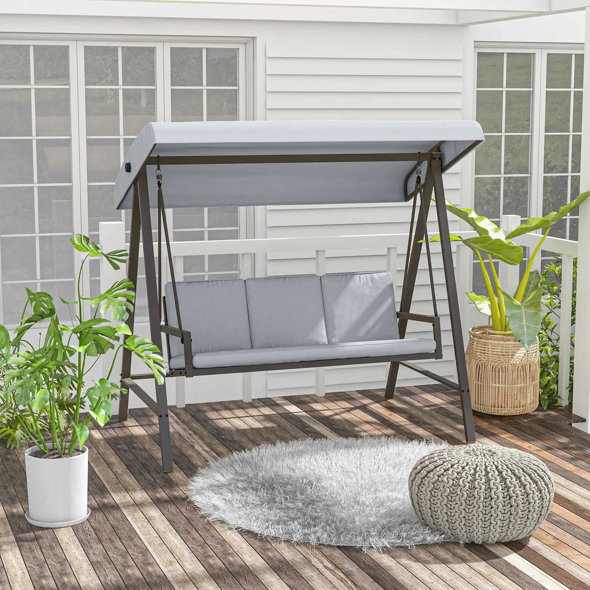 3 Seater Patio Swing Chair, Adjustable Canopy, Removable Cushions, Light Grey Patio Swings with Stand at Gallery Canada