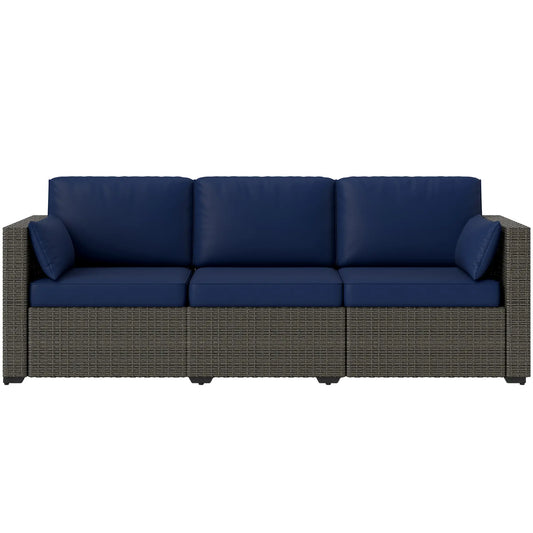 3-Seater Outdoor Sofa, PE Rattan Patio Couch With Cushions, Blue/Brown Patio Furniture Sets Dark Blue, Brown at Gallery Canada
