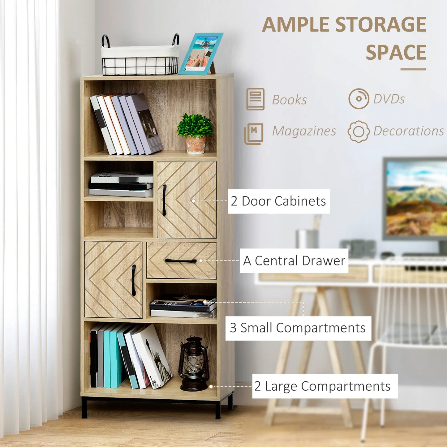 59" Bookcase, Storage Bookshelf with Cabinets, Drawer, Open Compartments, Nature Wood Bookcases With Doors at Gallery Canada