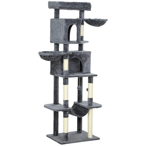 69 Inch Cat Tree, Multi-Level Tower, 2 Condos, Plush Perch, Sisal Posts, Dark Grey