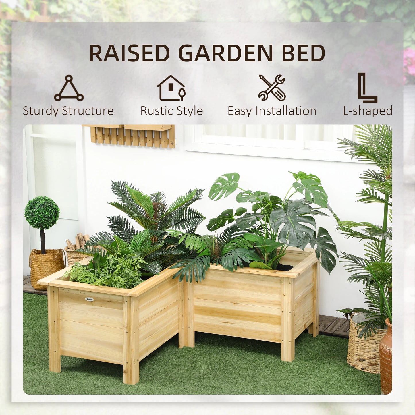 Raised Wooden Garden Bed, Elevated Planter Box with Legs, L-Shaped, Natural Wooden Planter Boxes at Gallery Canada