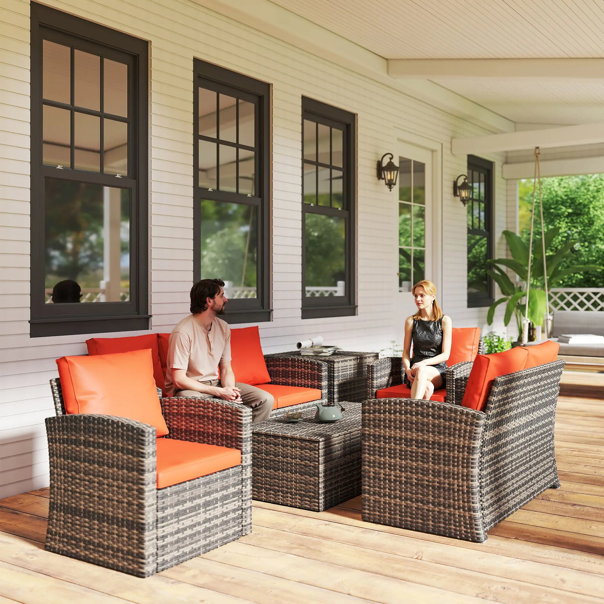 6-Piece Wicker Patio Set with Cushions, 7-Seater Rattan Sofa, Orange Patio Furniture Sets at Gallery Canada
