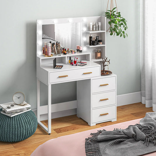 LED Vanity Table with Mirror, Drawer, Storage Shelves, White Dressing & Vanity Tables White at Gallery Canada