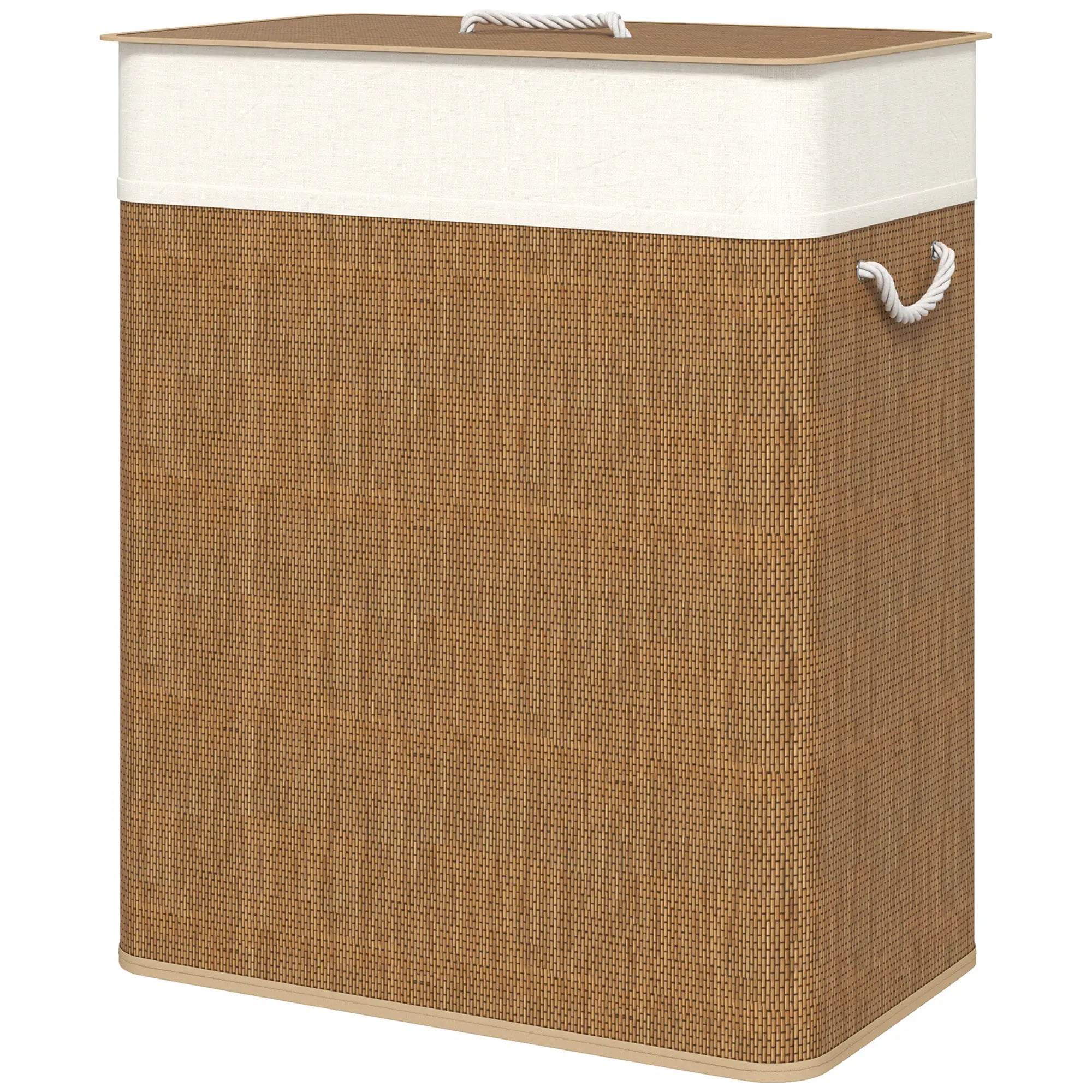 Double Laundry Basket with Lid, 100L Bamboo Hamper, Removable Bags, Brown Clothing Storage Brown, Cream White at Gallery Canada