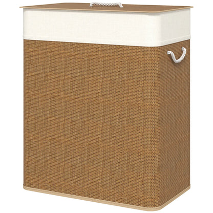 Double Laundry Basket with Lid, 100L Bamboo Hamper, Removable Bags, Brown Clothing Storage Brown, Cream White at Gallery Canada