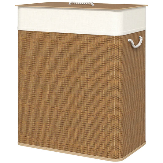 Double Laundry Basket with Lid, 100L Bamboo Hamper, Removable Bags, Brown Clothing Storage Brown, Cream White at Gallery Canada