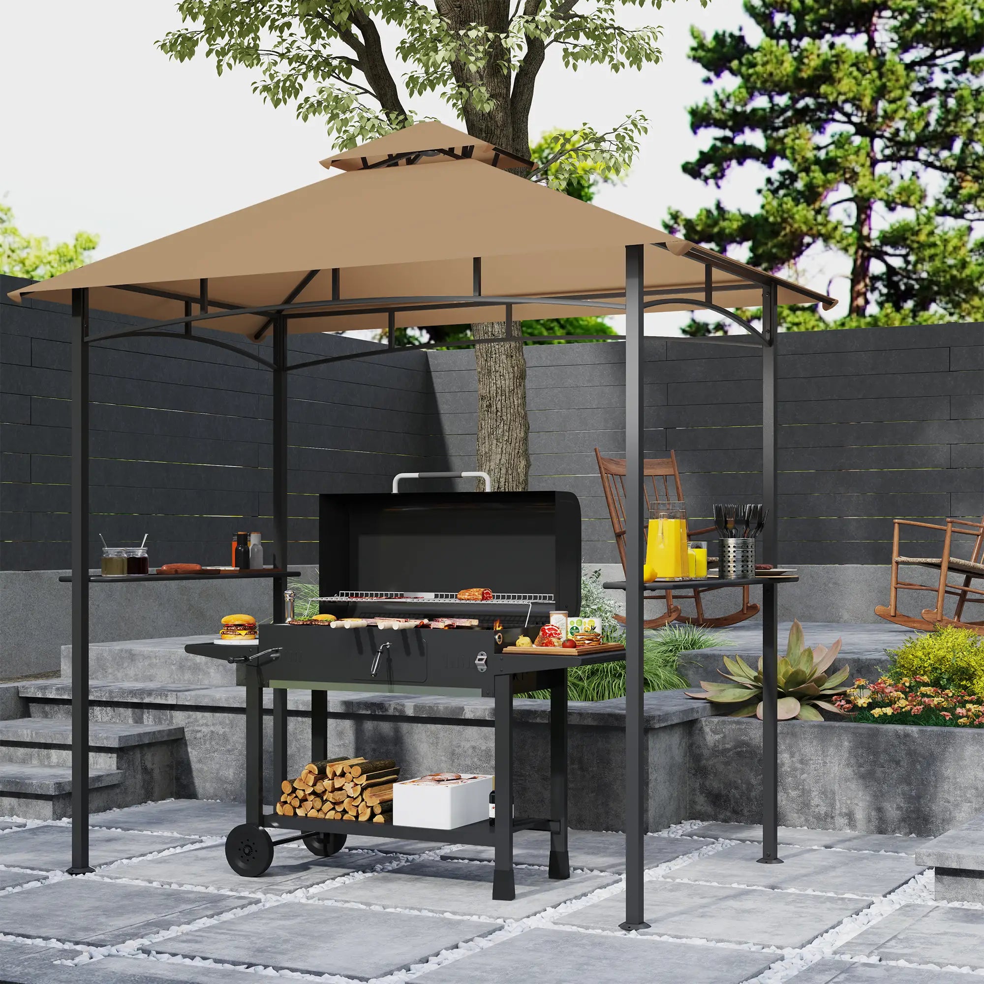 8' x 5' BBQ Grill Gazebo Tent, Double Tiered Canopy, Outdoor Sun Shade, Khaki BBQ Grill Gazebos at Gallery Canada