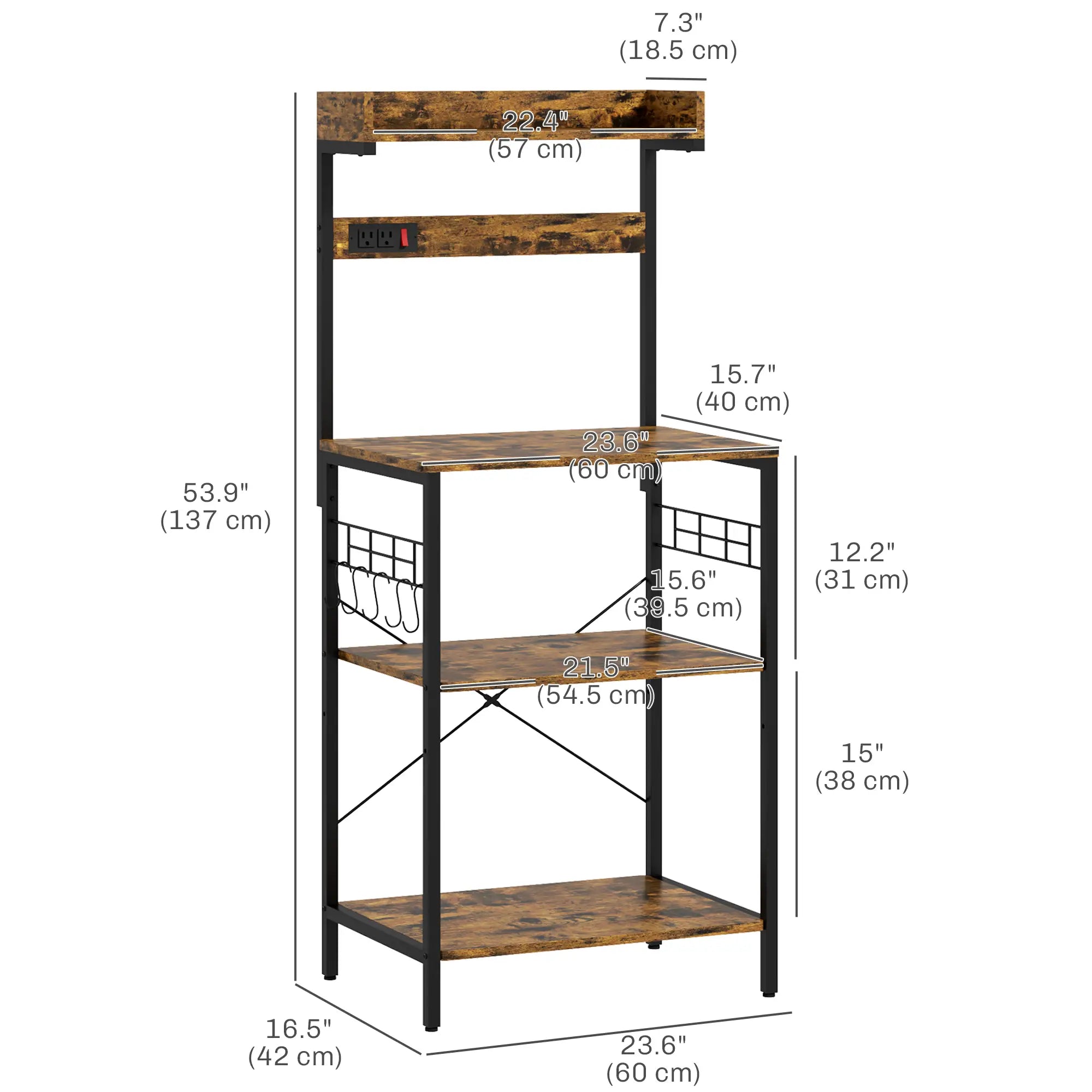 Kitchen Baker's Rack with Power Outlet, Adjustable Shelves, Rustic Brown, Brown Bar Cabinets at Gallery Canada