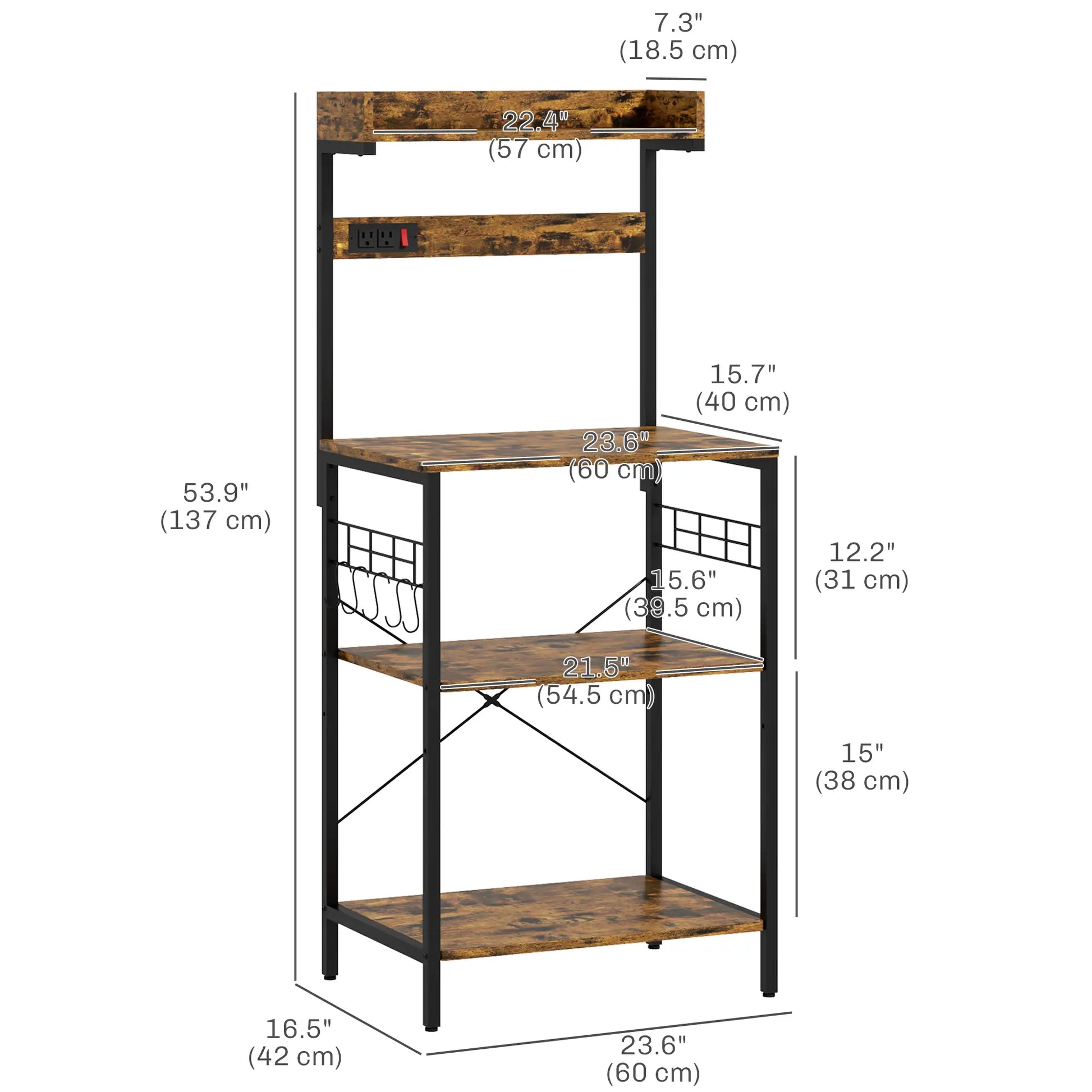Kitchen Baker's Rack with Power Outlet, Adjustable Shelves, Rustic Brown, Brown Bar Cabinets at Gallery Canada
