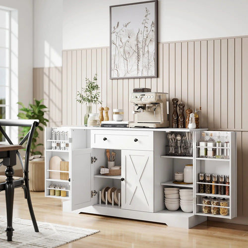 Farmhouse Sideboard Buffet Cabinet, Adjustable Shelves, Barn Doors, White