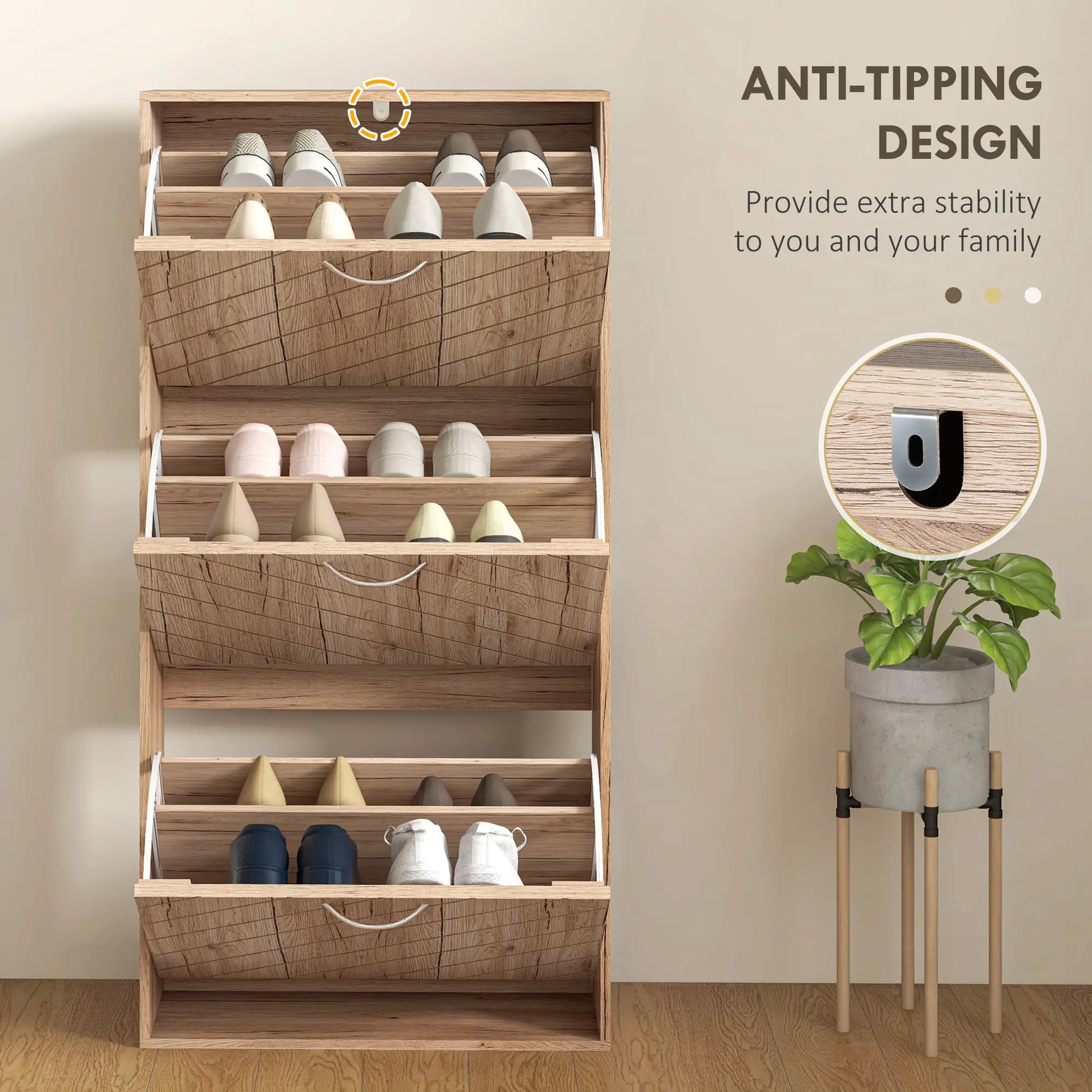 Shoe Storage Cabinet, 3 Flip Drawers, Narrow, 12 Pair Organizer, Nature Wood Shoe Storage Cabinets & Racks at Gallery Canada