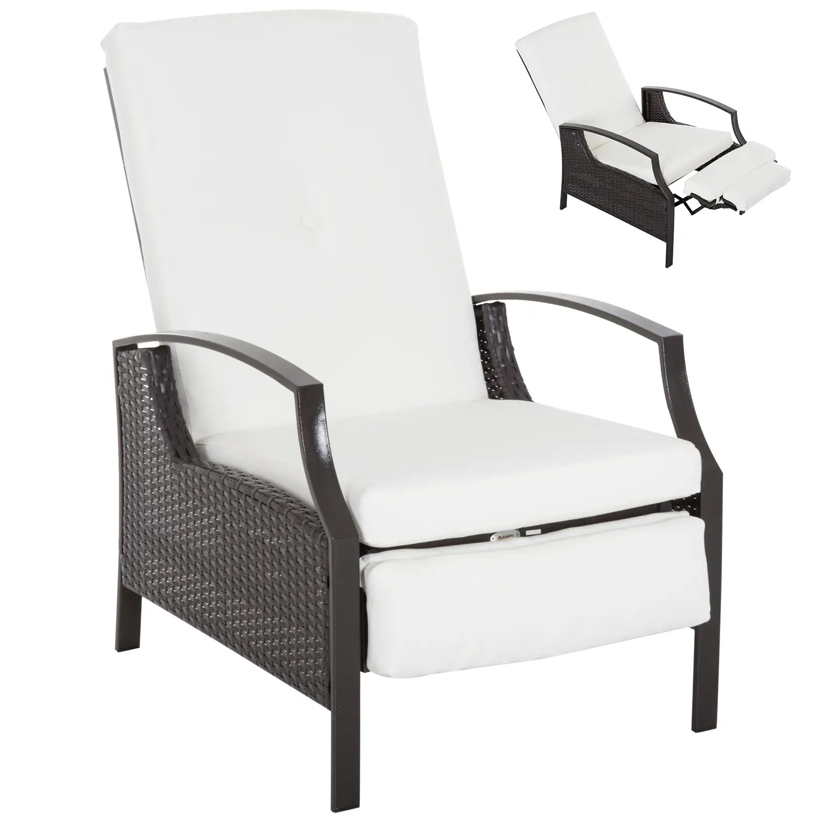 Outdoor Rattan Recliner Chair, Adjustable Back, Retractable Footrest, White Patio Chairs at Gallery Canada