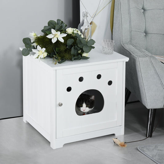 Wooden Cat Washroom Pet Litter Box Enclosure Kitten House Nightstand End Table Hideaway Cabinet with Magnetic Doors White - Gallery Canada
