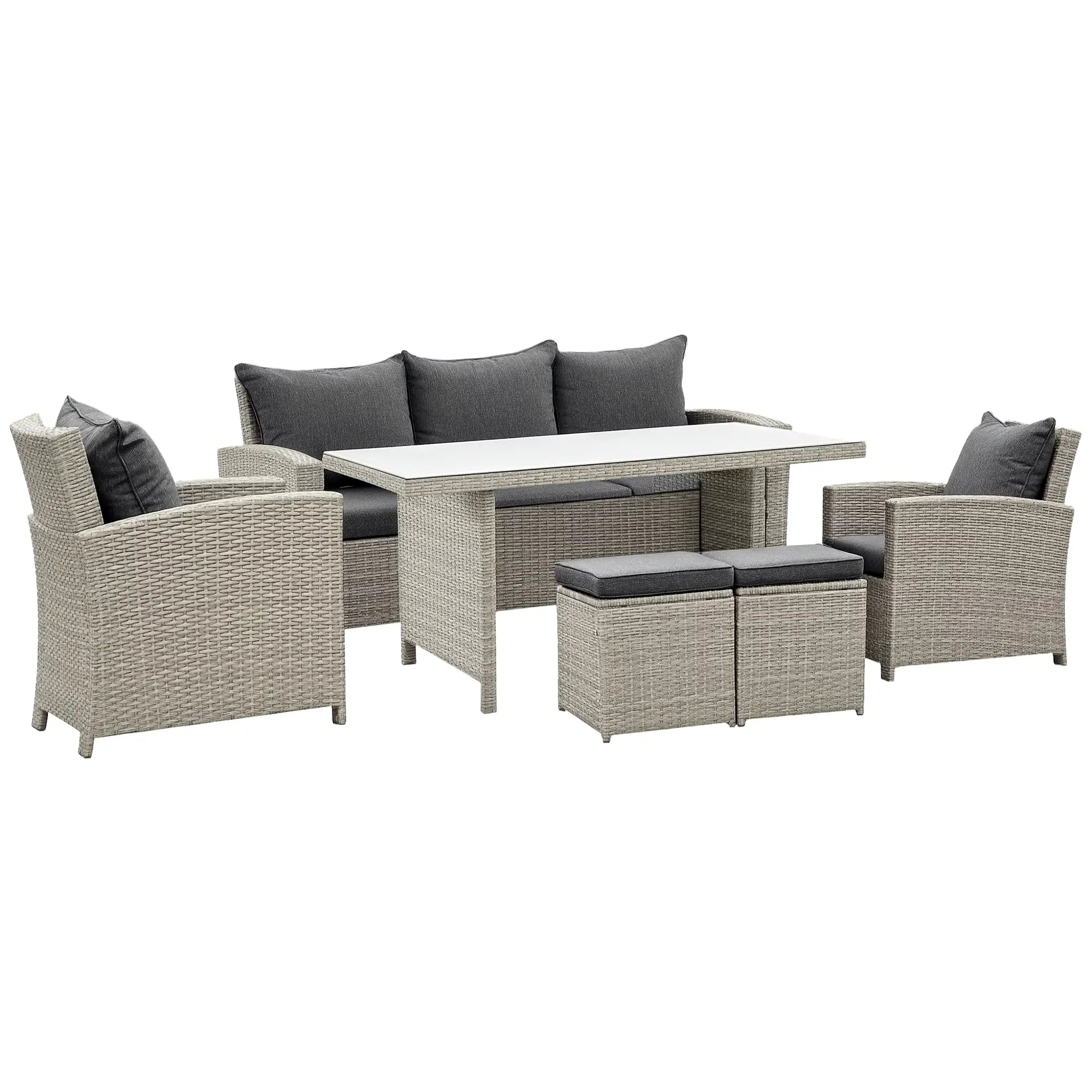 6 Pcs Patio Furniture Set, Rattan Outdoor, 3 Seater Sofa, Armchairs, Footstools, Table, Dark Grey Patio Furniture Sets at Gallery Canada