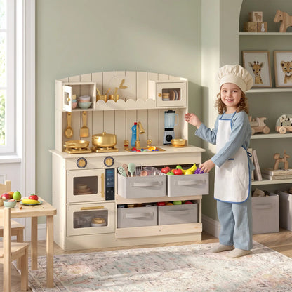 Ensemble de cuisine en bois pour enfants, lumières, sons, 12 pièces, crème