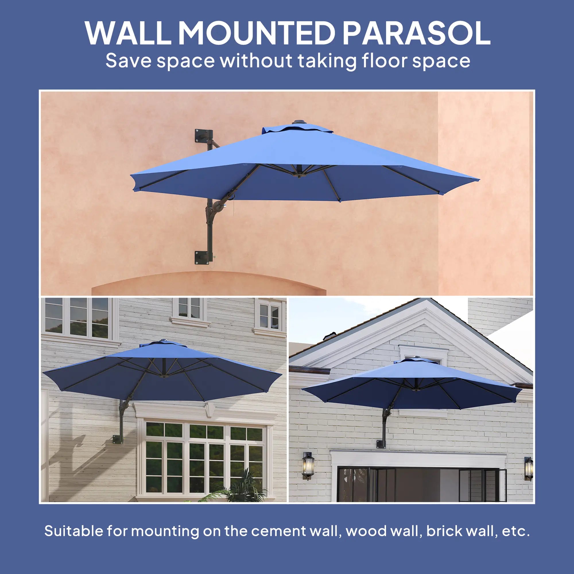 9.6 x 9.6 ft Wall Mounted Umbrella, Rotating Patio Parasol, Dark Blue Sun Umbrellas at Gallery Canada